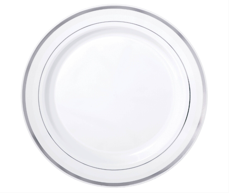 Plate 10.25" Premium Plastic White with Silver Trim 10ct