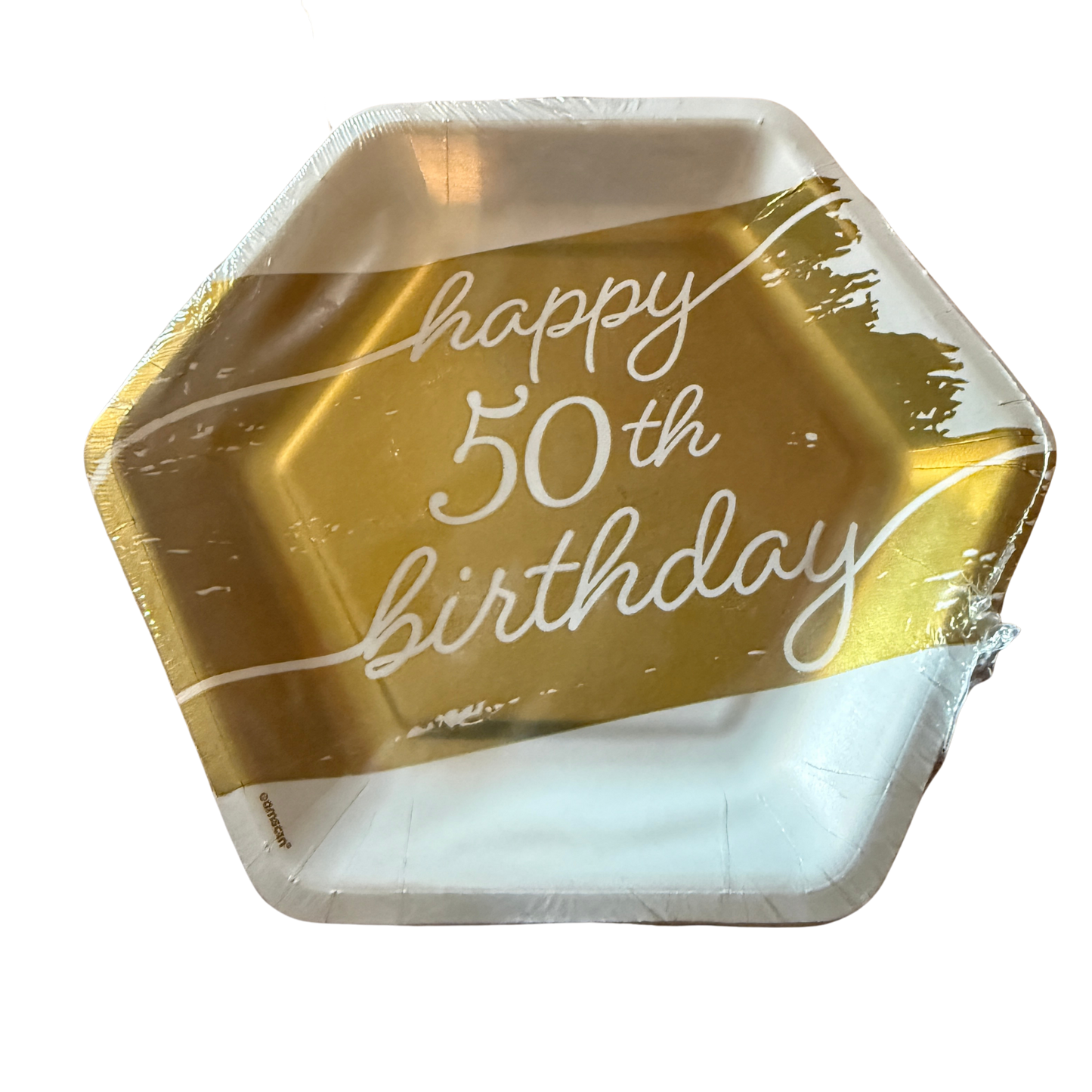 Happy 50th Birthday Dessert Plates – Gold & White Hexagon Plates (8 Count)