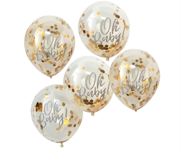 "Oh Baby!" Gold Confetti Balloons 5pk