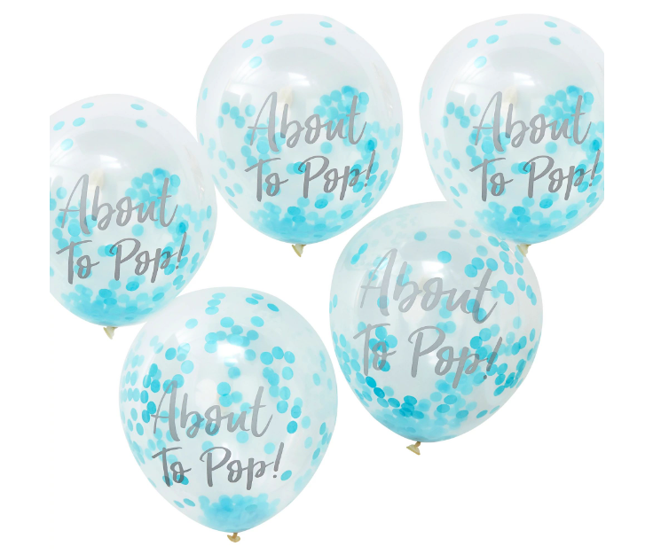 "About To Pop" Blue Confetti Filled Balloons 5pk