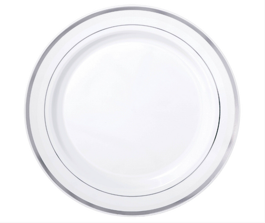 Plate 10.25" Premium Plastic White with Silver Trim 10ct