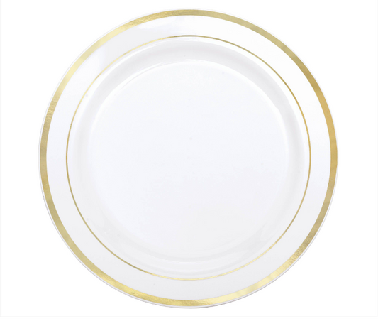 Plate 10.25" Premium Plastic White with Gold Trim 10ct