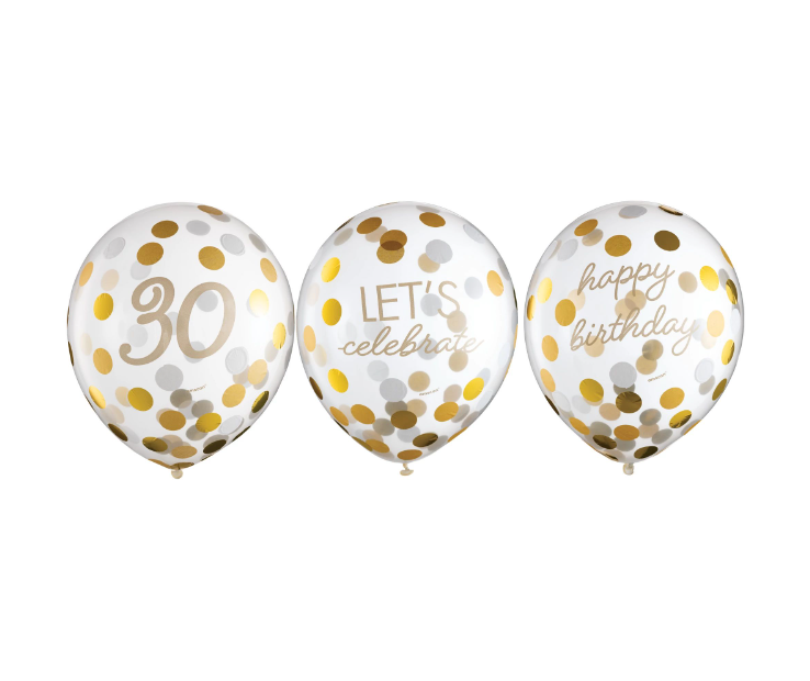 Golden Age 30th Birthday Confetti Filled Latex Balloons 6ct