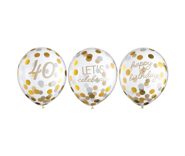 Golden Age 40th Birthday Confetti Filled Latex Balloons 6ct