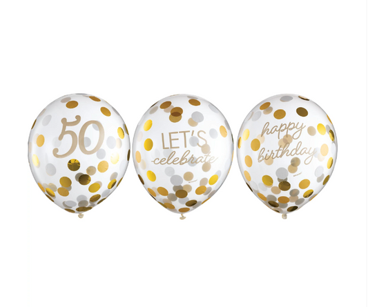 Golden Age 50th Birthday Confetti Filled Latex Balloons 6ct