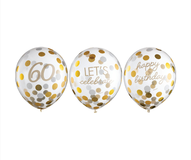 Golden Age 60th Birthday Confetti Filled Latex Balloons 6ct