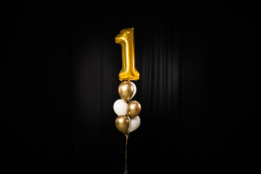 Mylar Number Balloon, 6 Latex Balloons, and a Balloon Weight