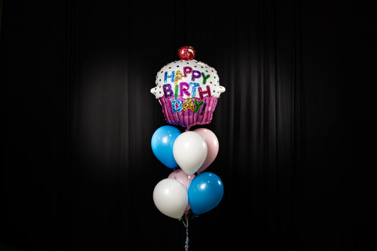 Happy Birthday Cupcake Mylar Balloon, 6 Latex Balloons, and a Balloon Weight