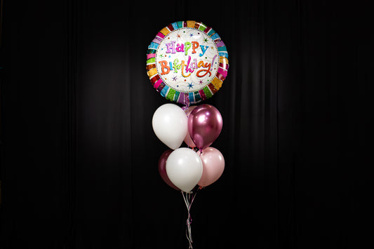 Radiant Happy Birthday Mylar Balloon, 6 Latex Balloons, and a Balloon Weight