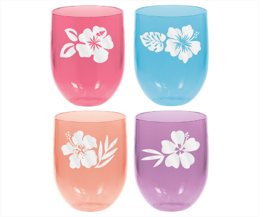 Stemless Wine Glass with Hibiscus Design (4pk)