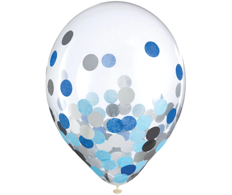 12" Clear Latex Balloons with Blue and Silver Confetti